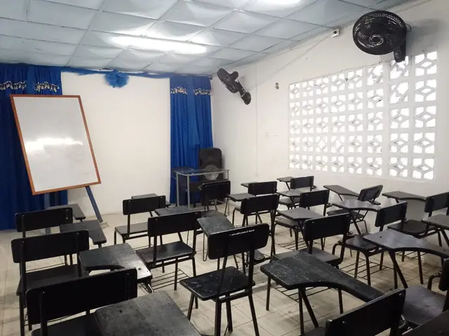 Aula con pupitres, tablero blanco y ventiladores.